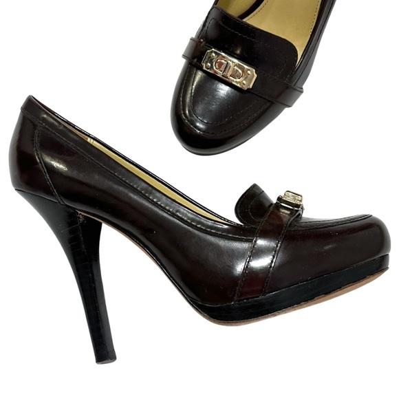 COACH Luisa Dark Brown Gold Logo Toggle Platform Heels Pumps 7.5 - Picture 6 of 16